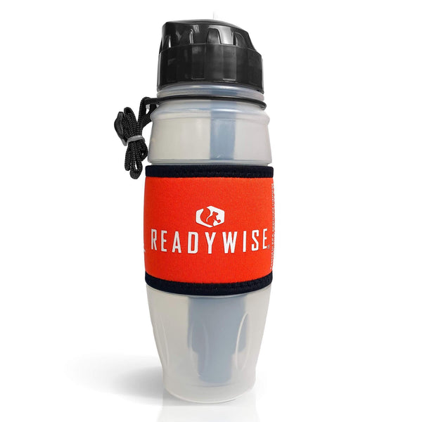 ReadyWise Seychelle water filtration bottle with red sleeve and black cap